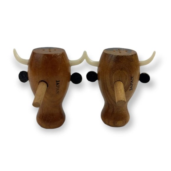 Wooden Picnic Bench Bull Salt and Pepper Condiment Stand Vintage 5 Piece Set - Picture 5 of 7